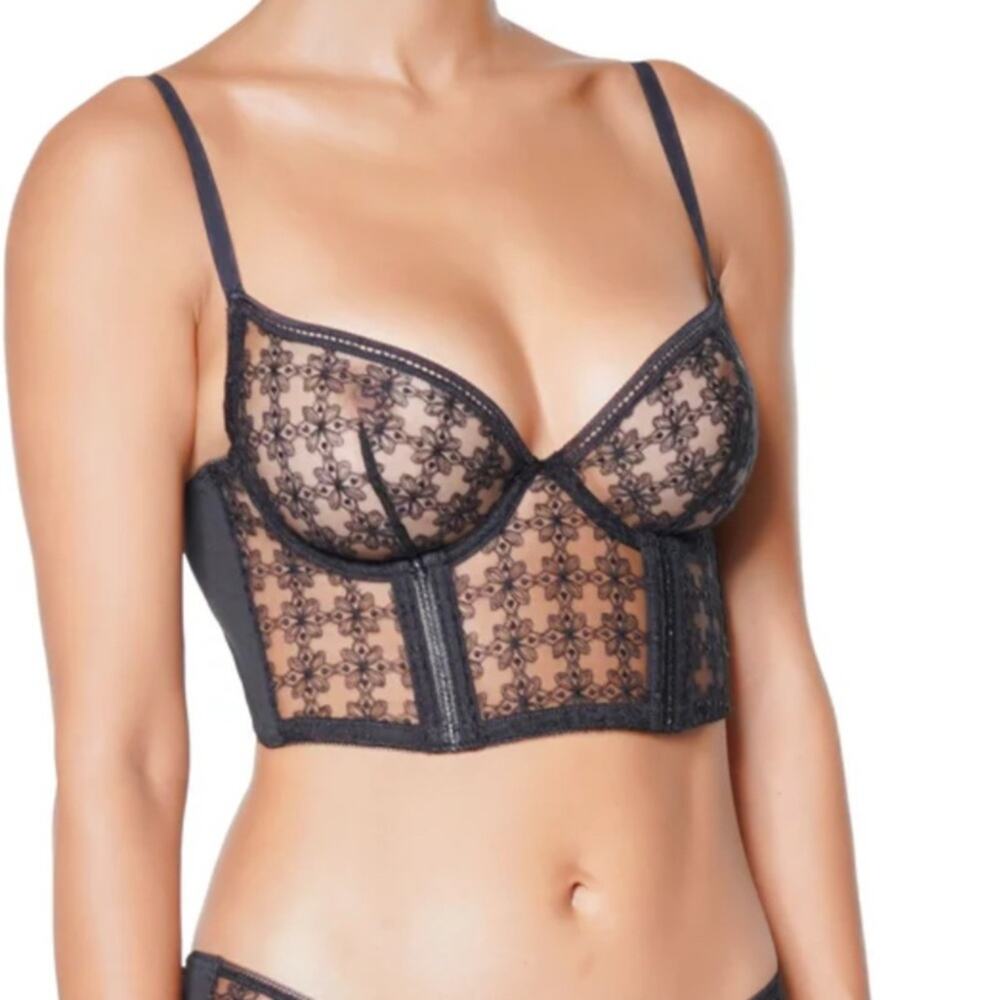 Huit 32B Black Cafe Fleur Stretch Lace Ladies Bustier Longline Bra Mesh Sheer
